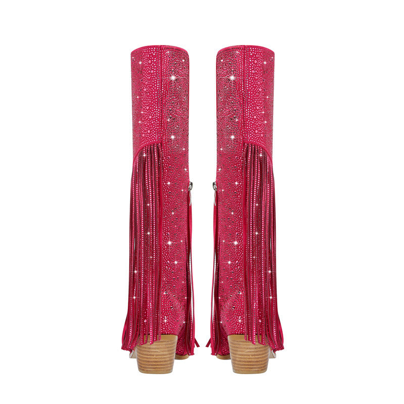 Wildleder-Stiefel mit Fransen und Glitzer in pink. Seitlicher Reissverschluss