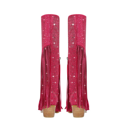 Wildleder-Stiefel mit Fransen und Glitzer in pink. Seitlicher Reissverschluss